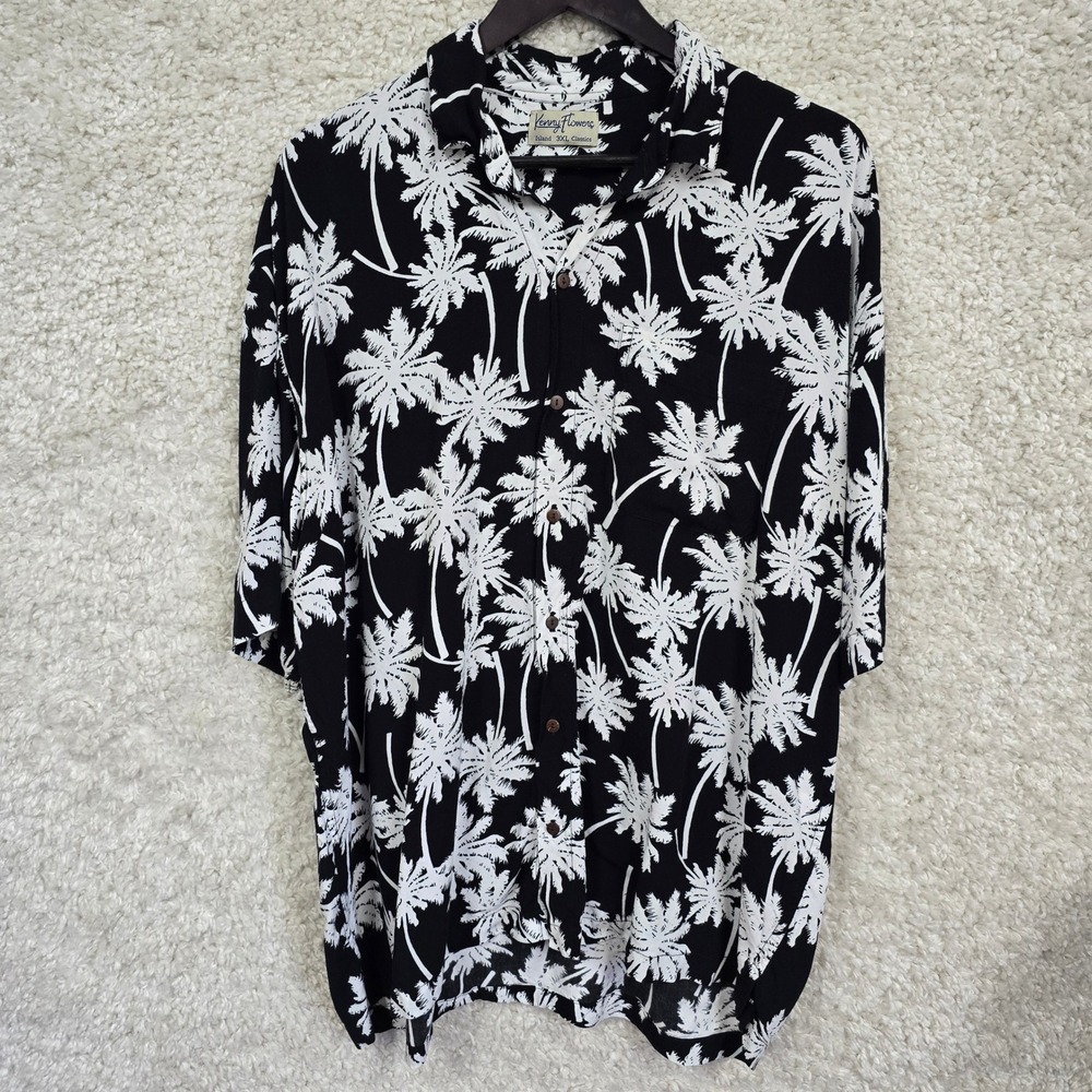 Kenny Flowers Palm Tree Shirt Mens 3XL Black White Rayon Tropical Island Beach